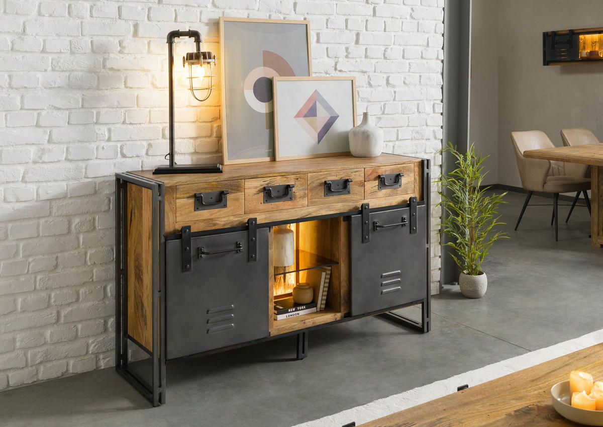 SIDEBOARD Mango / Altholz 150x45x90 natur / grau lackiert / Metall grau BLACKBURN LUX #410 - Braun, Holz (150/90/45cm) - Massivmoebel24