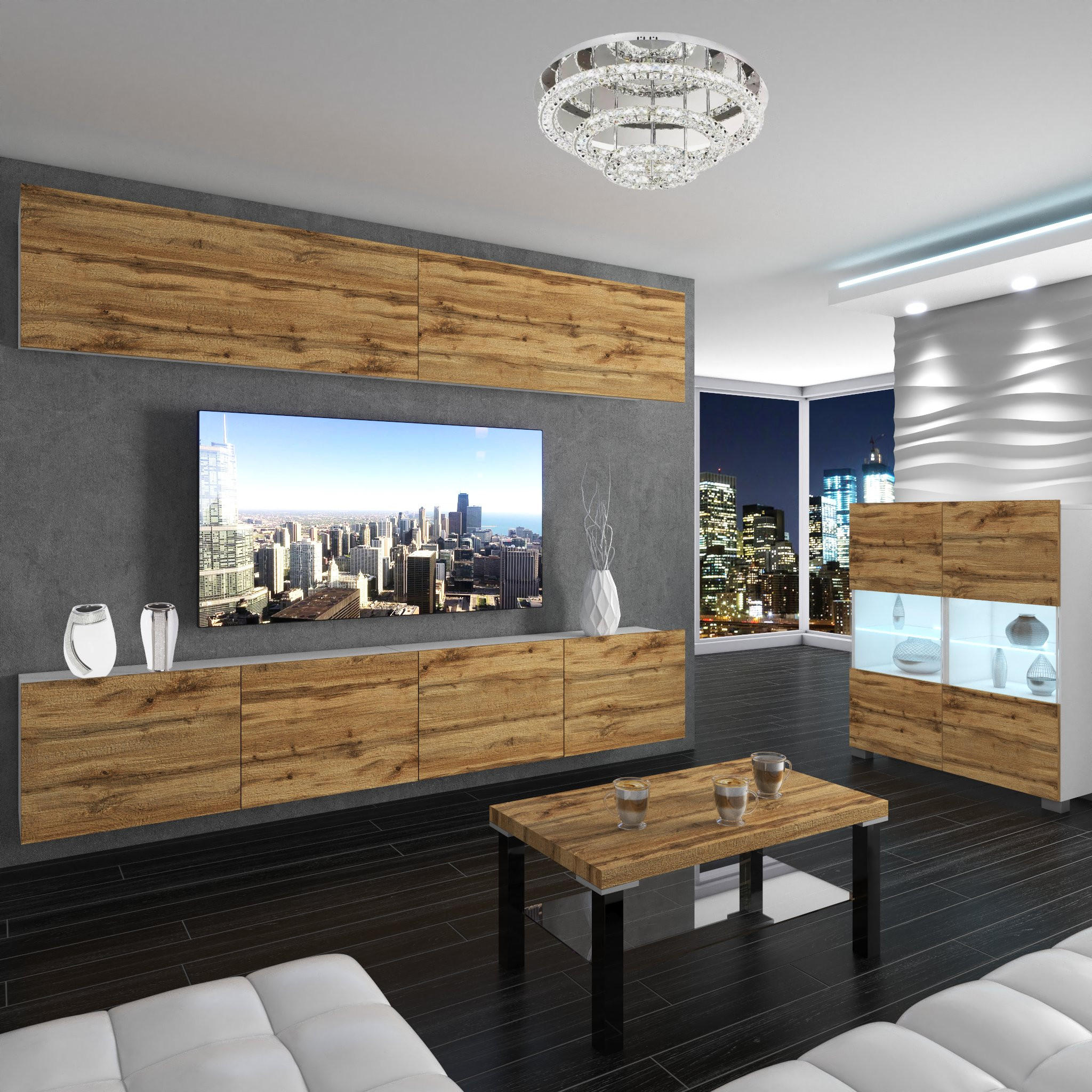 WOHNZIMMERWAND Schrankwand mit LED Wotan-Eiche - Braun, Holz (200/180/36cm) - B BELINI GROUP