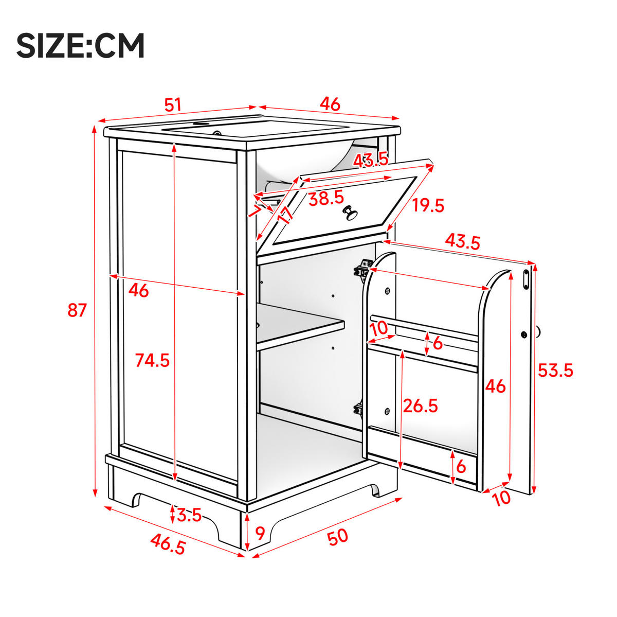 MDF-WASCHTISCH 51x46x87 cm Weiß mit Keramikbecken, Klappfach, verstellbarem Einlegeboden und Türablage - Weiß, Keramik (51/87/46cm) - Modfu