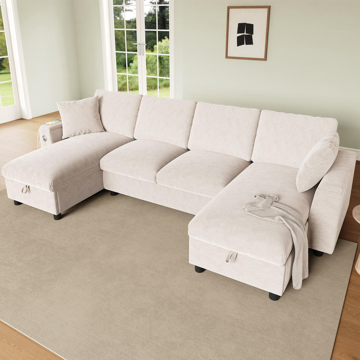 WOHNLANDSCHAFT Chenille Beige mit Stauraum, USB und Type-C-Anschluss - Beige, Holzwerkstoff/Kunststoff (284/84/135cm) - WISHDOR