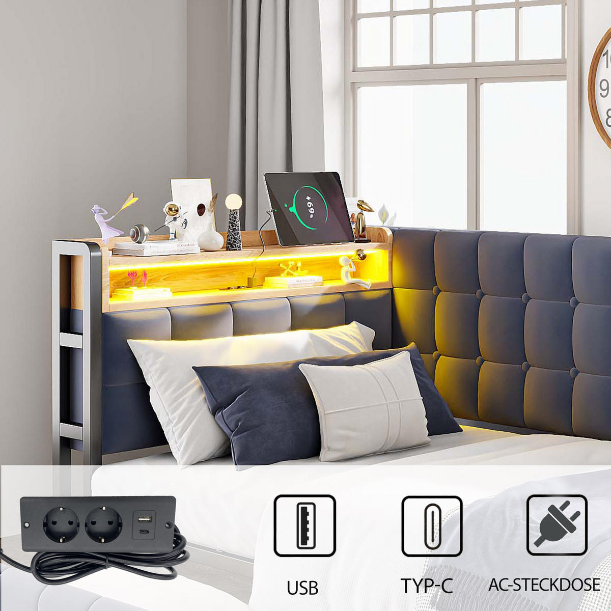 POLSTERBETT 90x200 cm LED USB Schubladen grau - Grau, Textil (90/200cm) - LEBENLANG