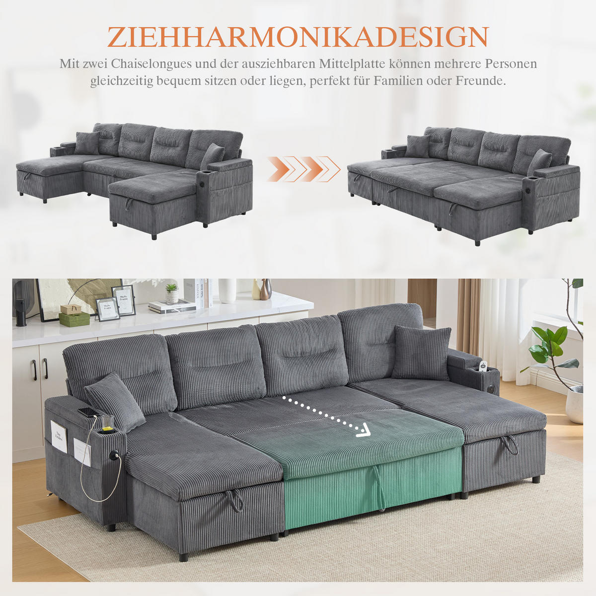 SCHLAFSOFA 4-Sitzer mit Chaiselongues, USB und Stauraum, Schwarz - Grau, Textil (272/86/136cm)