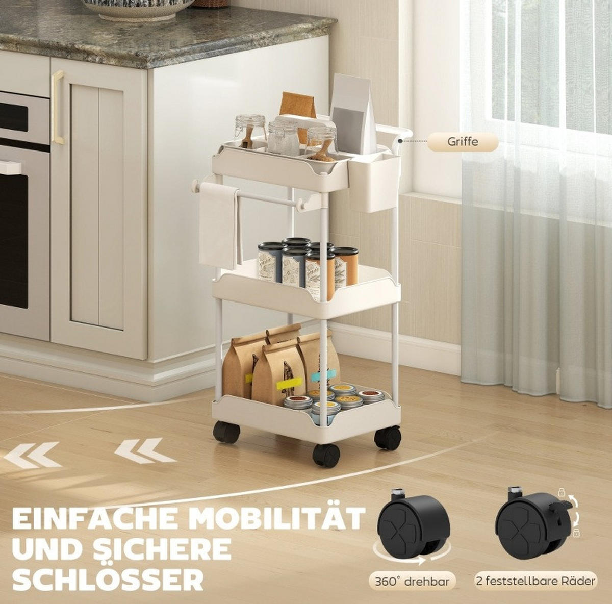 KÜCHENWOLLWAGEN 42x42.5x76cm Weiß mit 3 Kunststoff-Körben, Handtuchstange & Rollen - Weiß, Metall (42.5/76/42cm) - Modfu