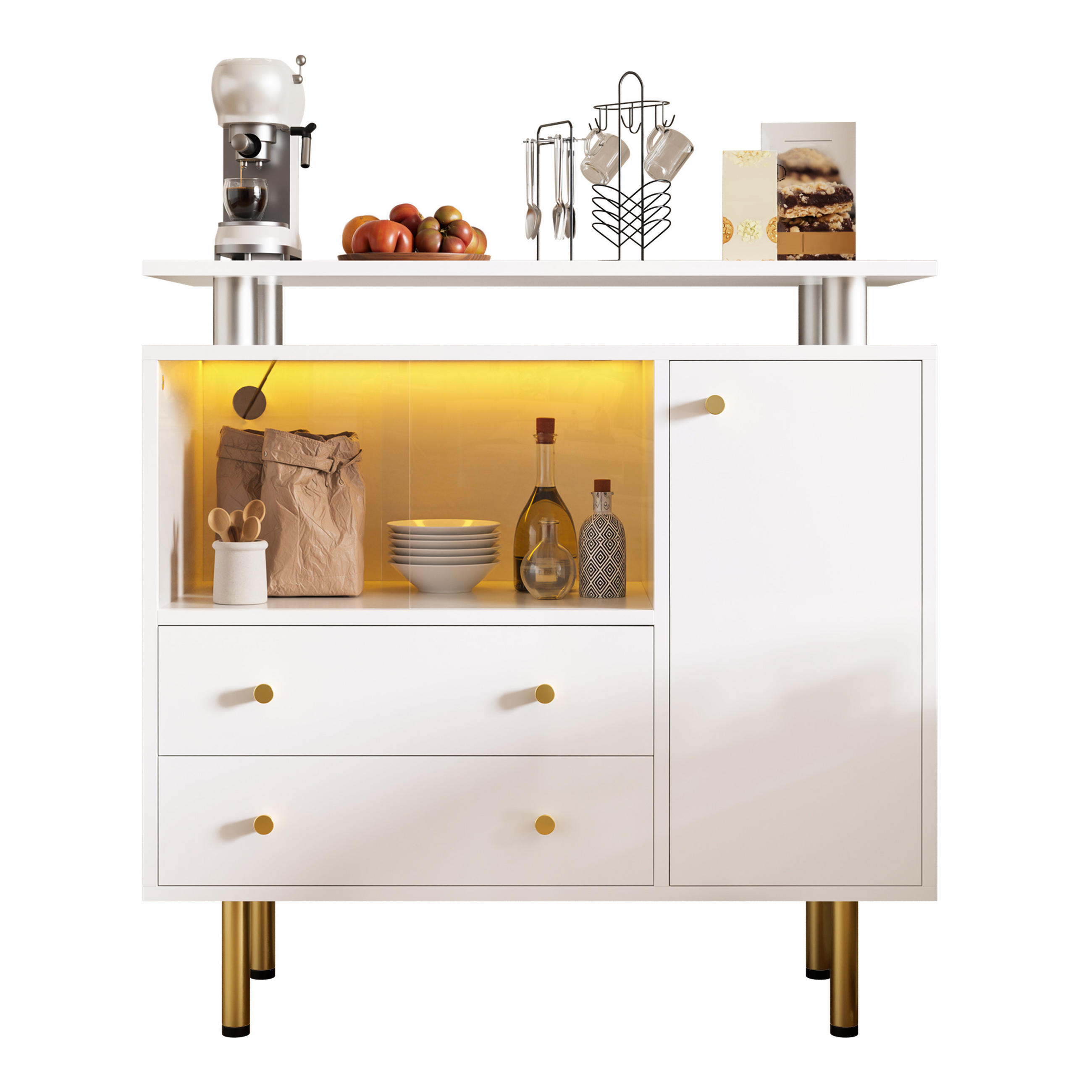 SIDEBOARD in Weiß mit LED-Beleuchtung und Schubladen für Wohnzimmer, Flur und Esszimmer, B80/T35/H80 cm - Goldfarben/Weiß, Glas/Holzwerkstoff (80/80/35cm) - STILVORA