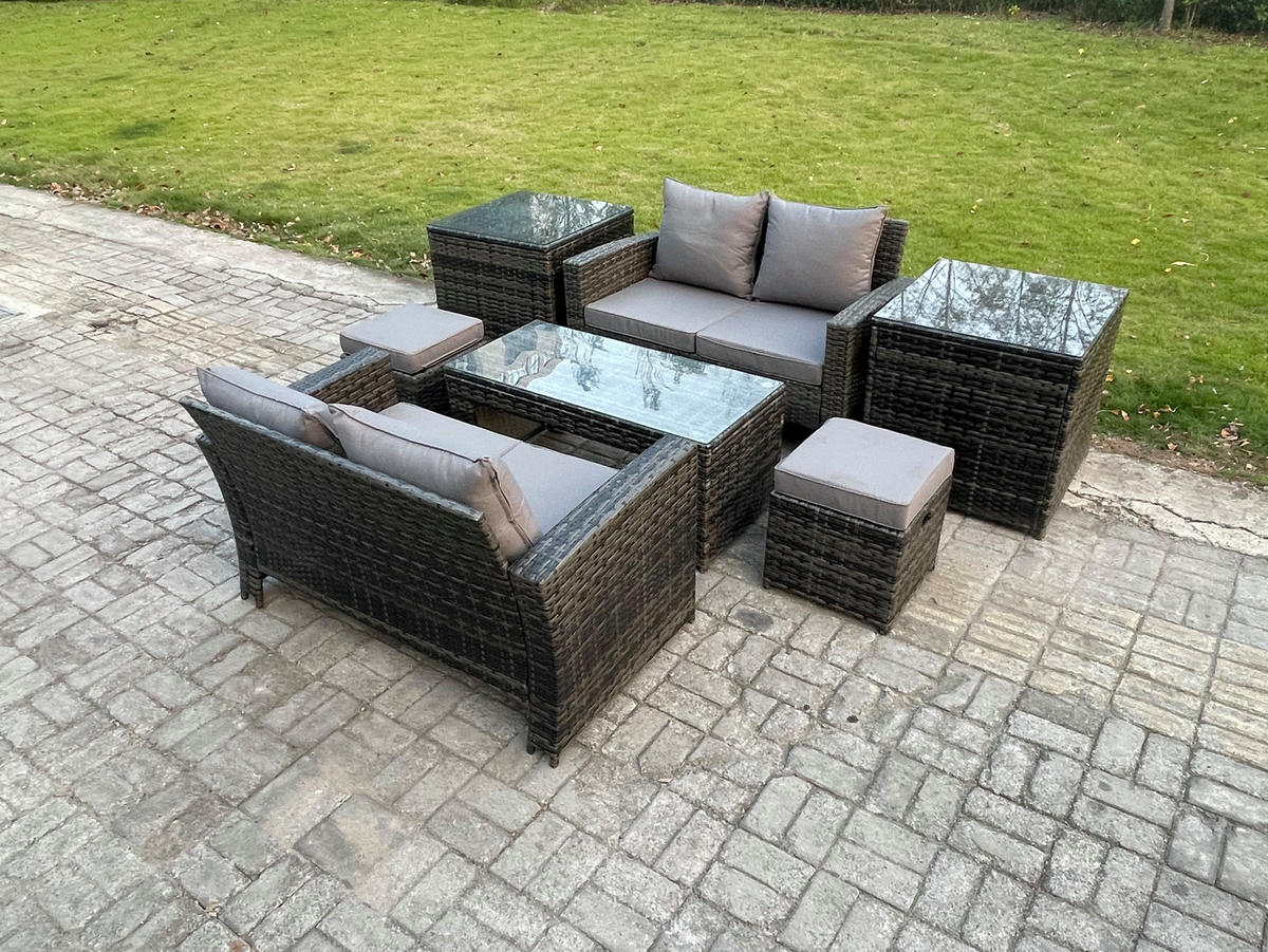 GARTENMÖBEL-SET Polyrattan Dunkelgrau 6-Sitzer - Dunkelgrau, Metall - Fimous