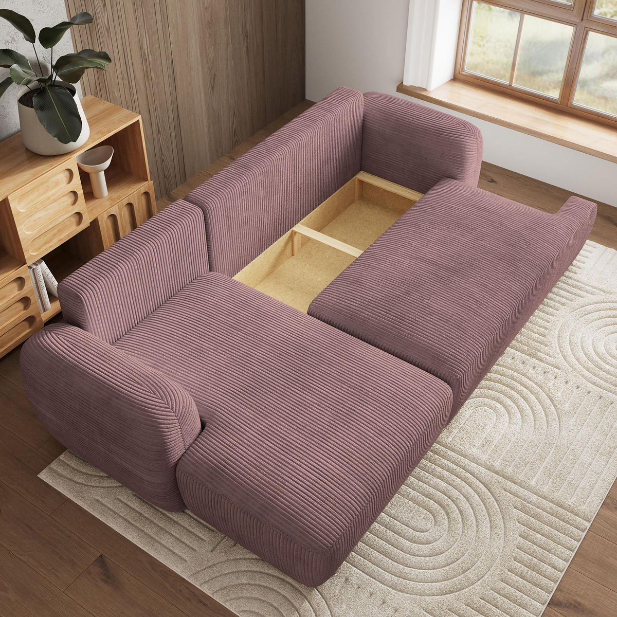 ECKSOFA MODENZA P L-S Lila Kordstoff mit Schlaffunktion - Lila, Holz (266/148cm) - MASSENO