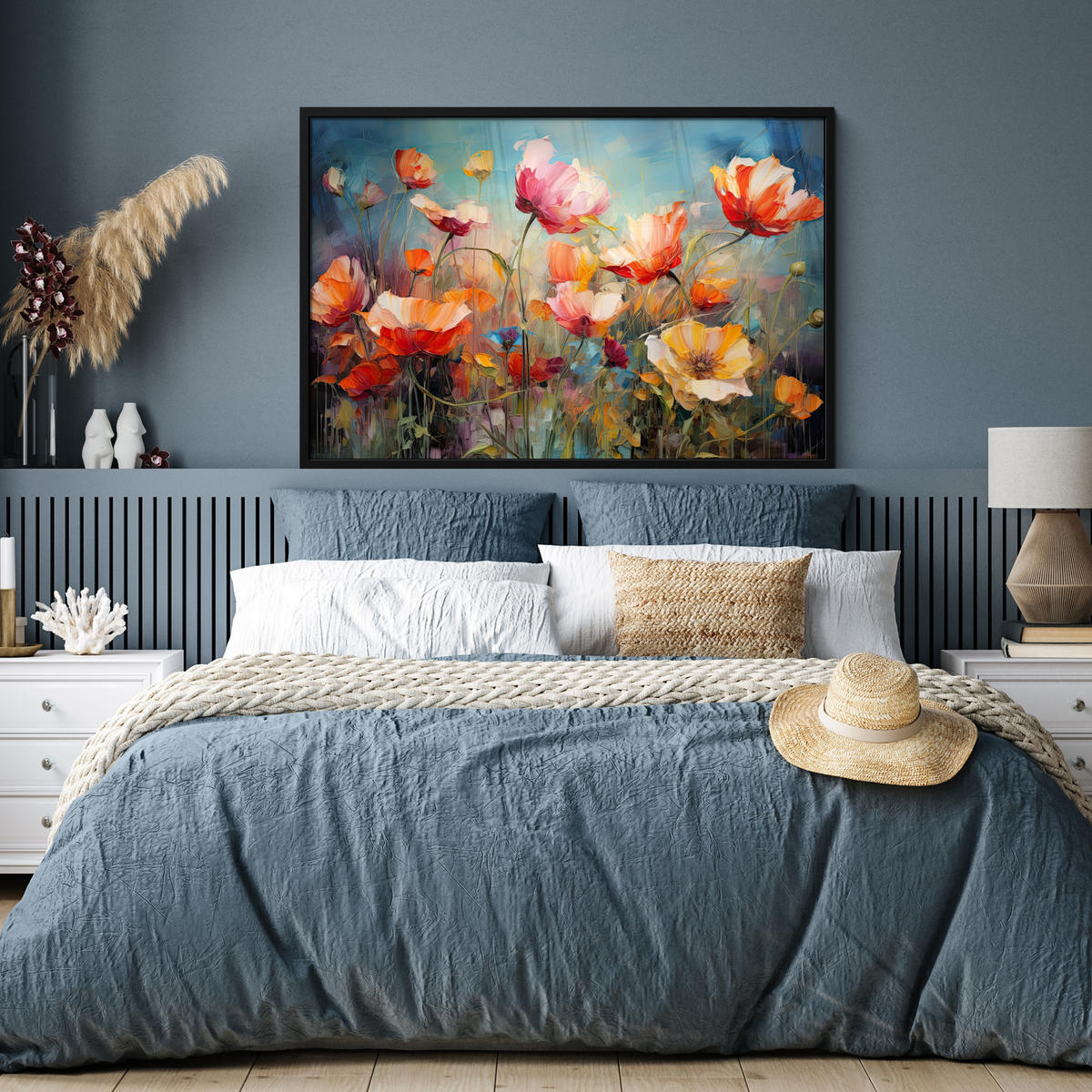 POSTER MIT RAHMEN Blumen - Aquarell - Kunst - Botanisch - Natur 120x80 cm - Orange, Papier (120/80cm) - MuchoWow