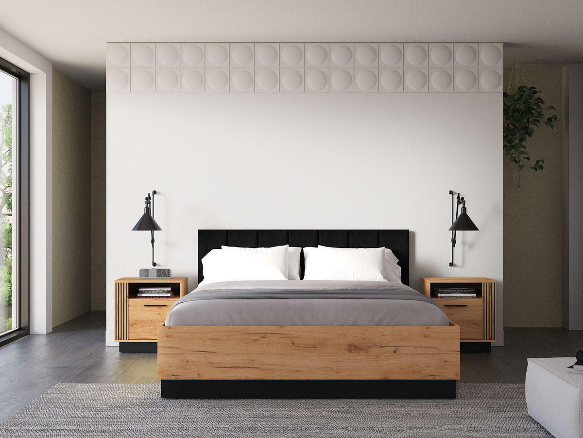 RAHMENBETT – 165 x 208 cm – Urso – BT-004 - Eichefarben/Schwarz, Holzwerkstoff - hi-markt