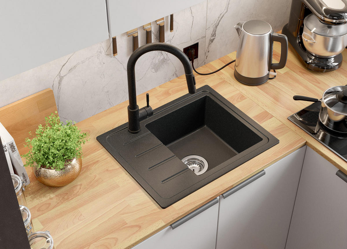 SPÜLBECKEN Kopenhagen Easy, 2-er set Anthrazit 55/44 cm 1 Becken + Ablauf-Set ab 45er Unterschrank - Chromfarben/Anthrazit, Kunststoff (55/17/44cm) - Primagran