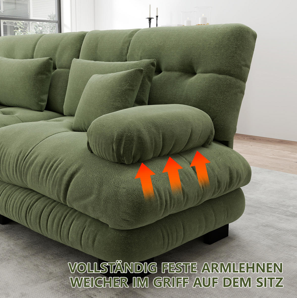 SOFA modular Chenille Green mit 2 Lendenkissen und 2 Dekokissen - Grün, Kunststoff (77/81/220cm) - Meubliv