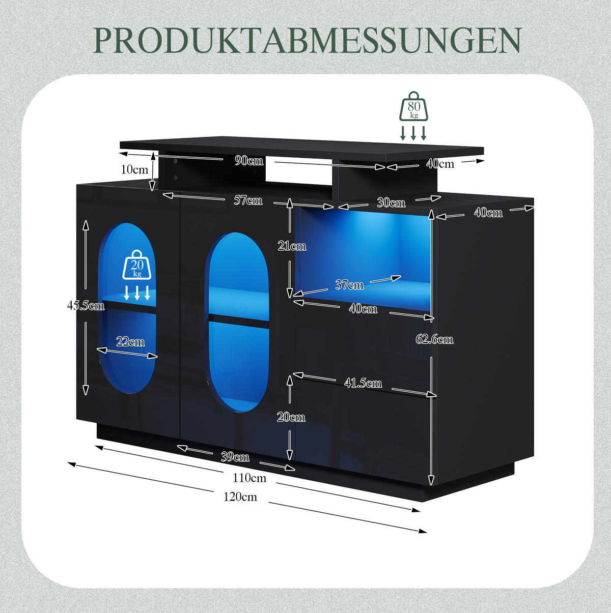 SIDEBOARD 120/40/80 cm mit LED, Glastür und Hochglanzfront in Schwarz - Schwarz, Holzwerkstoff (120/80/40cm) - BEAOK