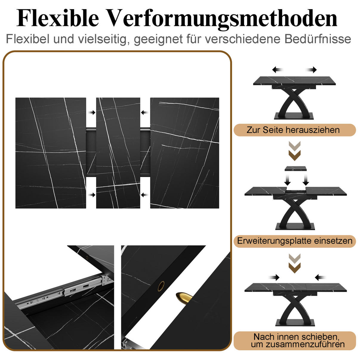 ESSTISCH 120/80/76 cm ausziehbar auf 160 cm Schwarz aus MDF Metall mit X-Streben - Schwarz, Holzwerkstoff (120/80/75cm) - OKWISH