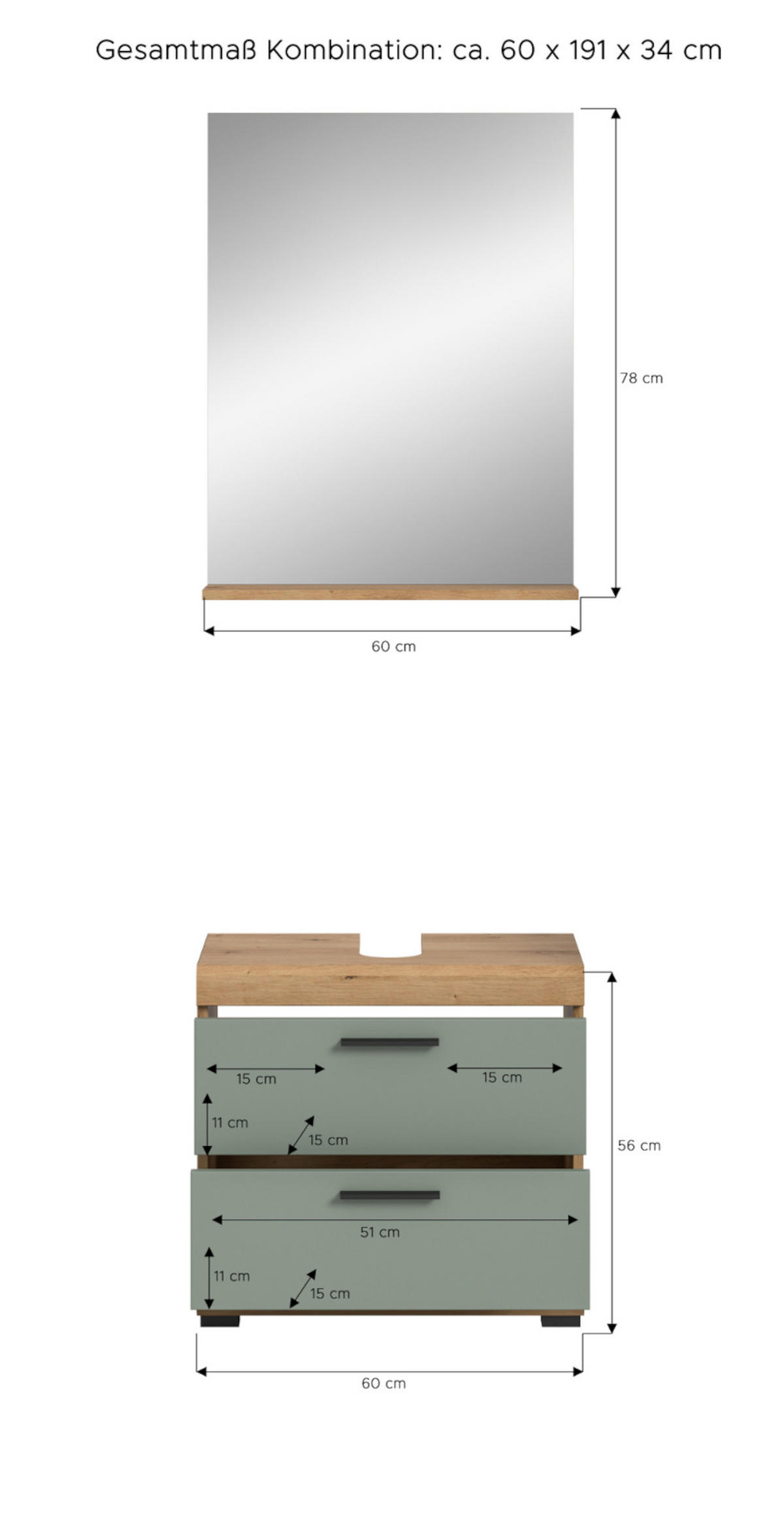 BADMÖBEL-SET Salbei grün, Eiche Artisan 2-teilig 60 cm, Kombination mit Spiegel - Salbeigrün/Schwarz, Glas/Holzwerkstoff (60/191/37cm) - Inn.Furn