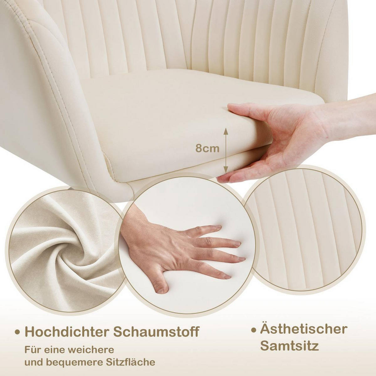DREHSTUHL mit Armlehnen, Samt, Metallrahmen, Cremeweiß - Creme/Weiß, Kunststoff/Textil (58/80/58cm) - Woltu
