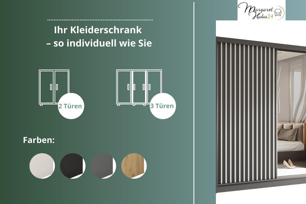 SCHWEBETÜRENSCHRANK Erika 240 cm mit Lamellen und Spiegel 3-türig, Artisan, schwarz, Lamelle Artisan - Schwarz/Braun, Kunststoff (240/216/51cm) - Margaret Hadas24