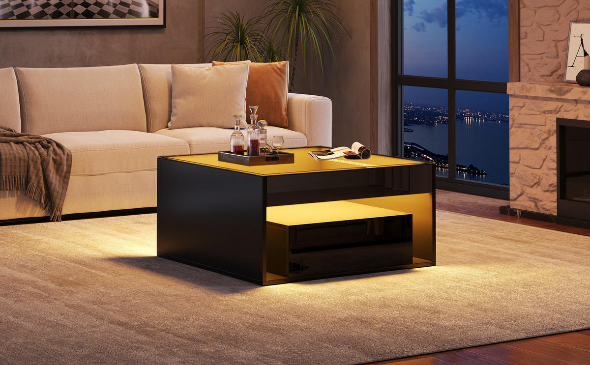COUCHTISCH 70/70/35 cm Schwarz aus Holzwerkstoff mit LED-Lichtstreifen und 2 Schubladen - Schwarz, Holzwerkstoff (70/70/35cm) - OKWISH
