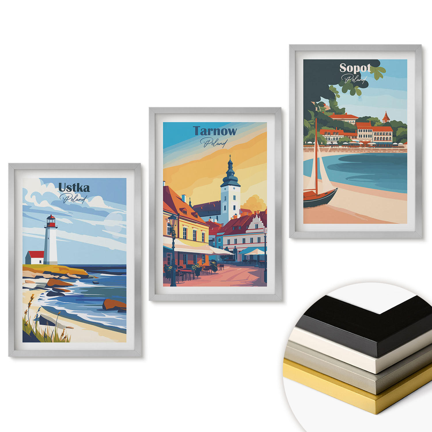 WANDBILDER 3er Set - 40x60 cm Silberner Rahmen - Stadtansichten Ustka Tarnów Sopot - Silberfarben, Kunststoff (40/60cm) - ArtPrintCave