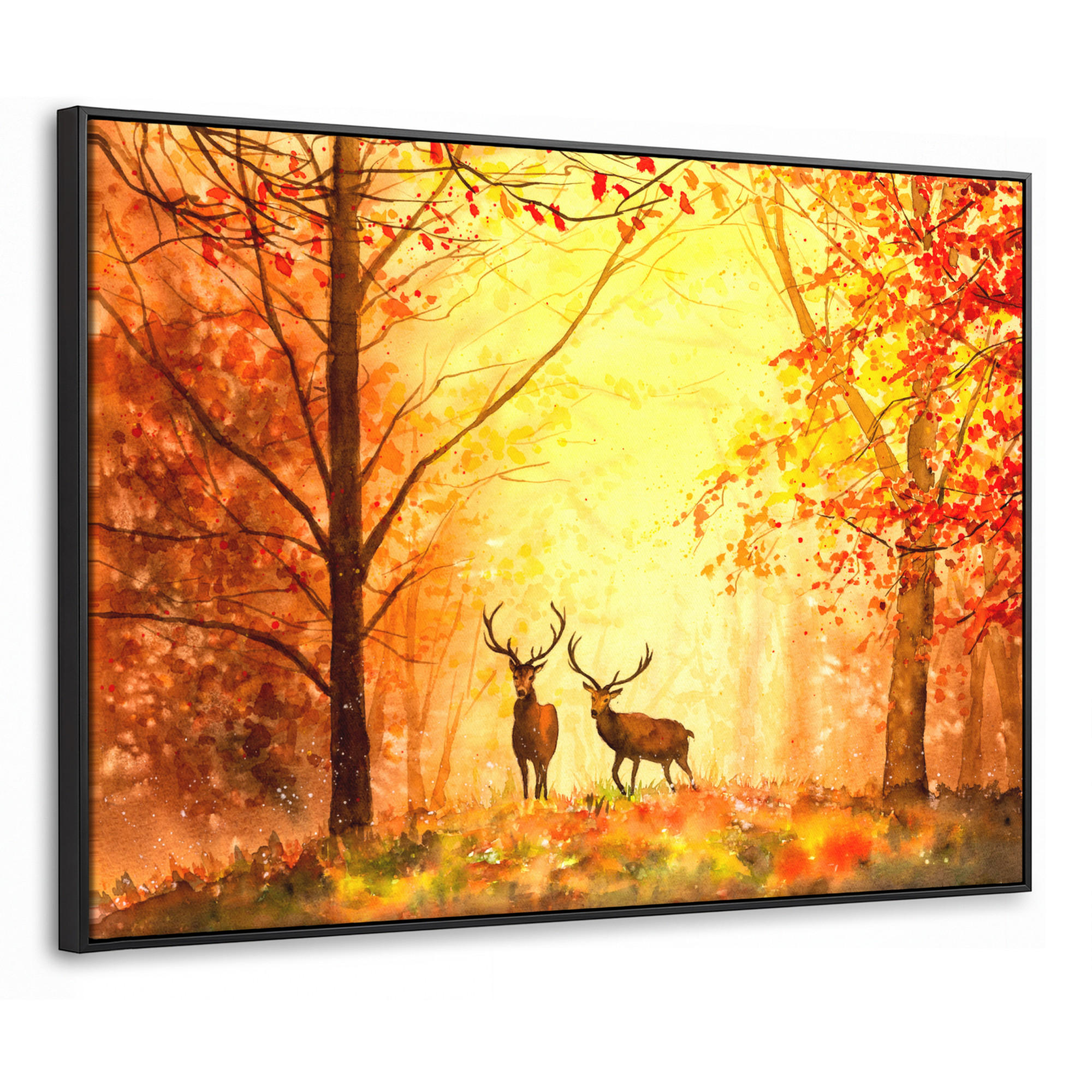 LEINWAND Bilder mit Rahmen - Natur - Ölfarbe - Hirsche - Tiere - Herbst - Orange - 100x70 - Orange, Textil (100/70cm) - MuchoWow