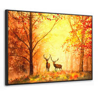 LEINWAND Bilder mit Rahmen - Natur - Ölfarbe - Hirsche - Tiere - Herbst - Orange - 100x70 - Orange, Textil (100/70cm) - MuchoWow