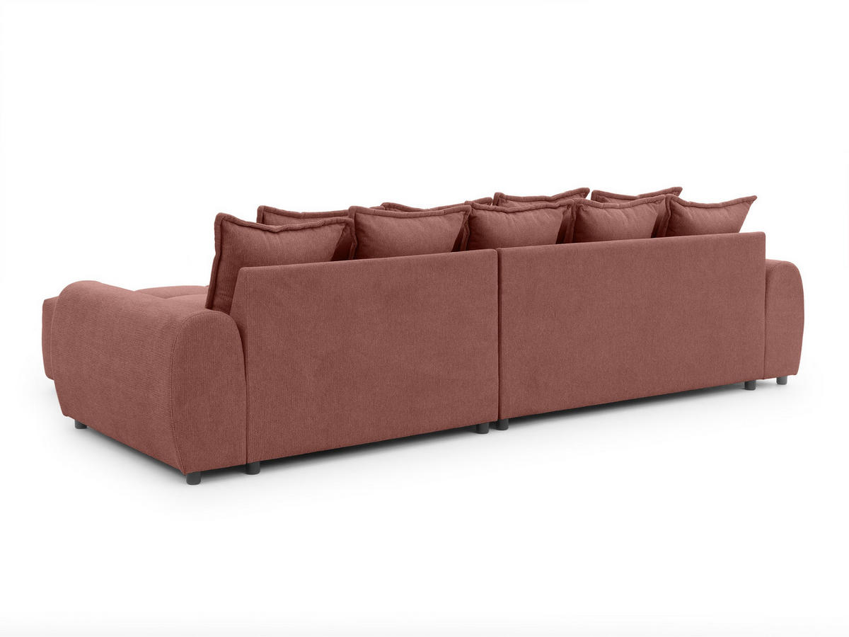 ECKSOFA Bubble mit losen Rückenkissen und Sitzfläche in Bubble-Optik aus weichem Terrakotta Strukturstoff mit schöner Sitzkomfort - Ottomane rechts - Terracotta/Schwarz, Holz/Kunststoff (180/306cm) - S-Style Möbel