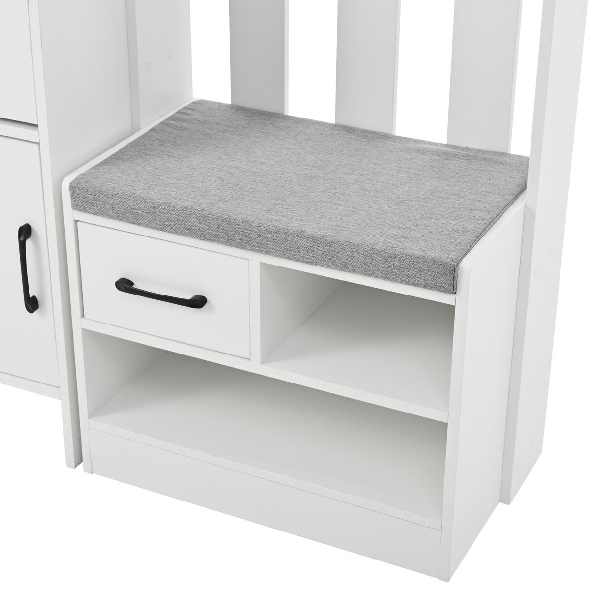 KLEIDERSCHRANK in Weiß Garderobenständer mit Schuhbank, 7 Haken, Lochwand und 2 Schubladen für Flur, B110/T35/H175,5 cm - Weiß, Holzwerkstoff (110/175.5/35cm) - STILVORA