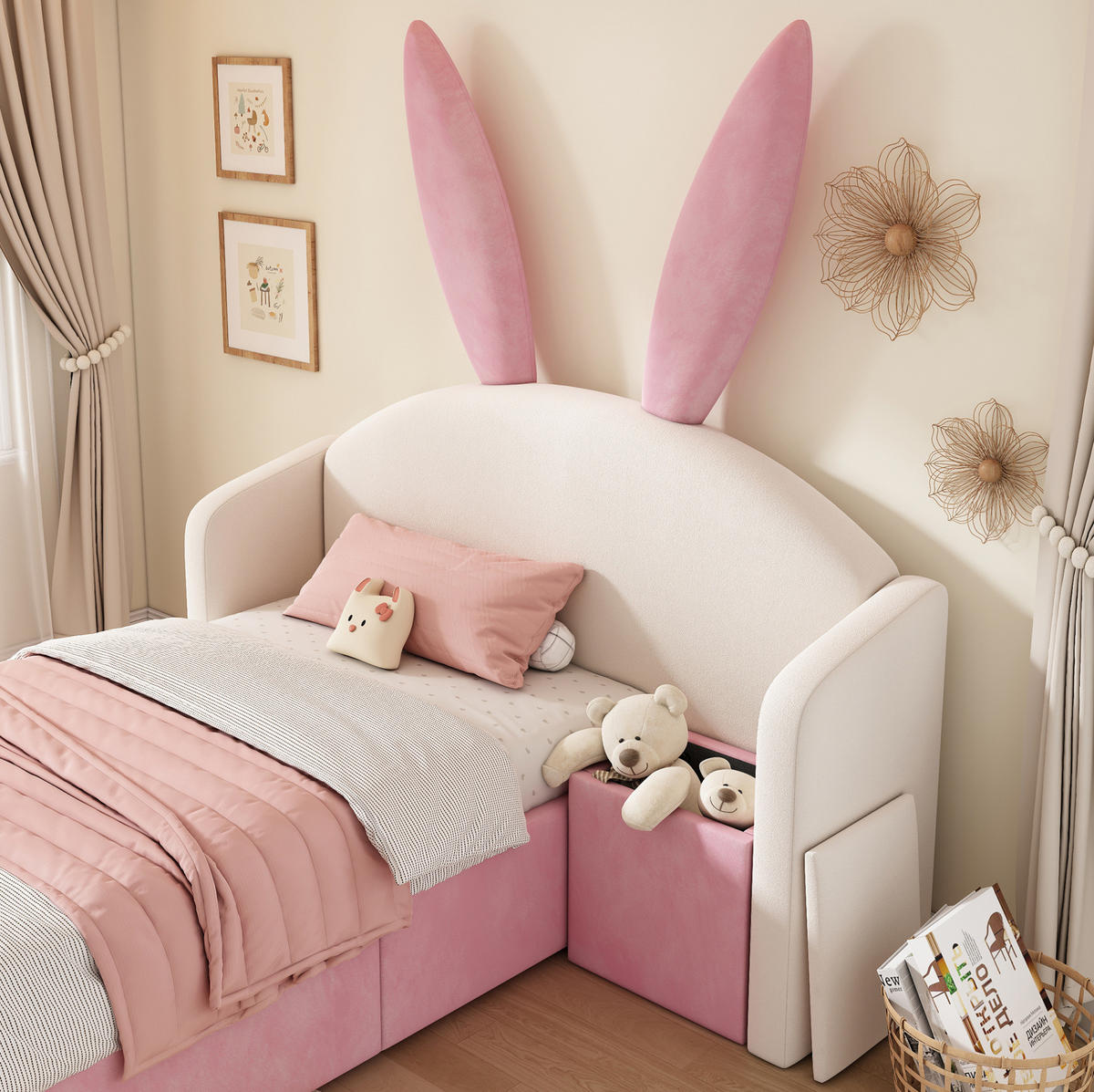 KINDERBETT mit Stauraum 90/200 cm mit hydraulischem Stauraum und Nachttisch, ohne Matratze - Pink, Textil (90/200cm) - MIVRAY
