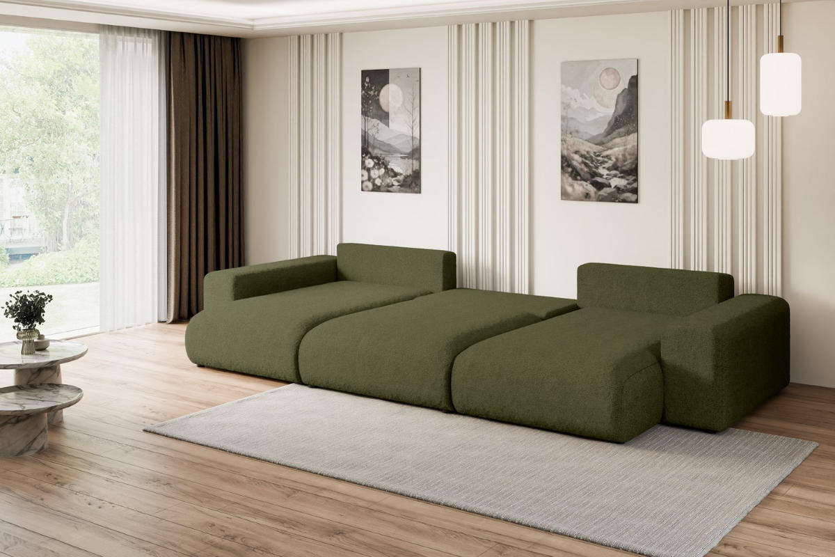 WOHNLANDSCHAFT mit Schlaffunktion und Bettkasten ESKAR-U -352x165x84cm Grün Bouclé - Schwarz/Grün, Holzwerkstoff/Kunststoff (352/84/165cm) - ALTDECOR