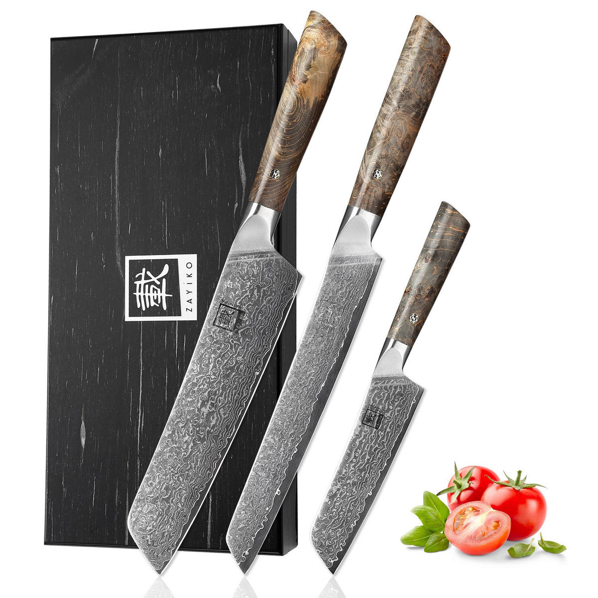 DAMASTMESSER-SET 3-TEILIG 12–20 cm - Ahornfarben, Holz/Metall - Zayiko