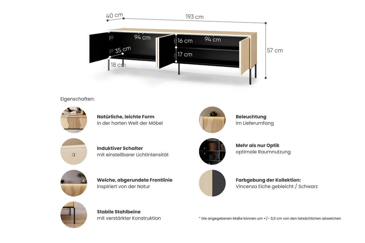 TV-LOWBOARD FAVOS 05 193/57/40 cm in Eiche Vincenza hell und Schwarz mit LED - Eichefarben/Schwarz, Holzwerkstoff (193/57/40cm) - Deine Möbel 24