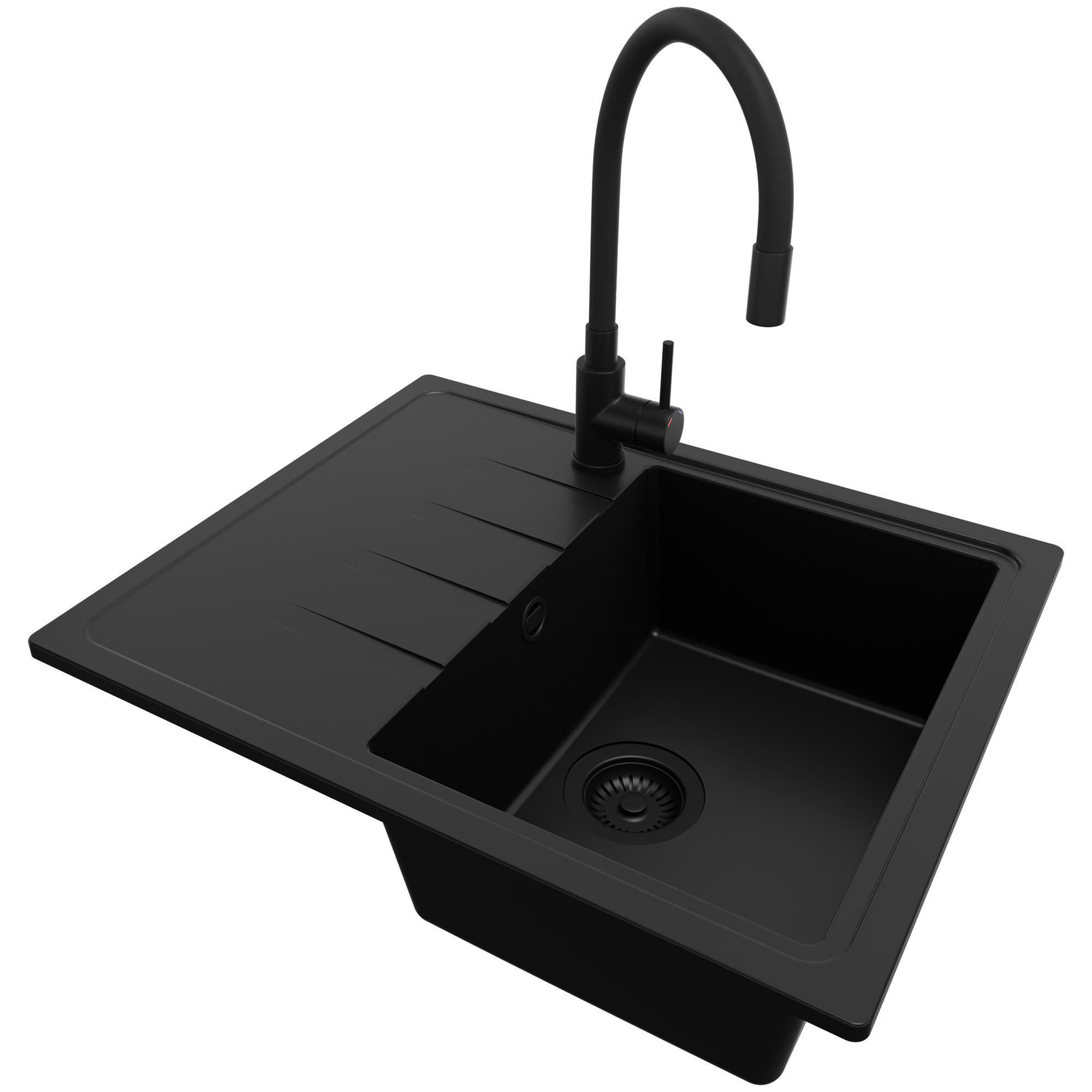 GRANITSPÜLE Mailand, 2-er set Alles Schwarz 62/50 cm 1 Becken + Küchenarmatur 40/38 cm + Ablauf-Set ab 40er Unterschrank - Schwarz, Kunststoff (62/19/50cm) - Primagran