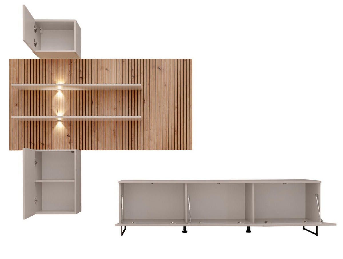 WOHNWAND 4-teilig Sand matt, Eiche Artisan 280 cm, Schrankwand hängend inklusive LED Beleuchtung - Sandfarben/Schwarz, Holzwerkstoff/Kunststoff (280/200/45cm) - Furn.Design