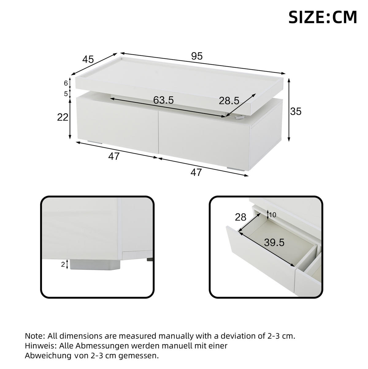 COUCHTISCH mit LED 95 x 45 x 35 cm Hochglanz Weiß - Weiß, Holzwerkstoff (95/45/35cm) - Meubliv