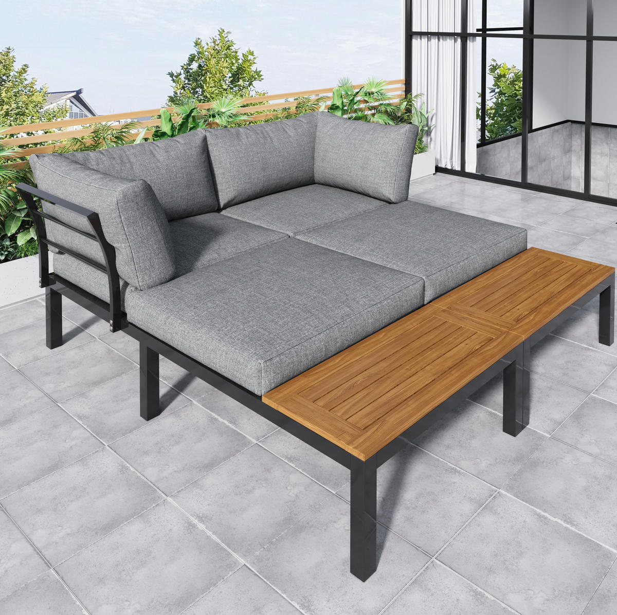GARTEN-LOUNGE-SET, Stahlrahmen mit Akazie-Optik, 2/ Sofa 120/60/66 cm, Grau - Grau, Metall - Redom
