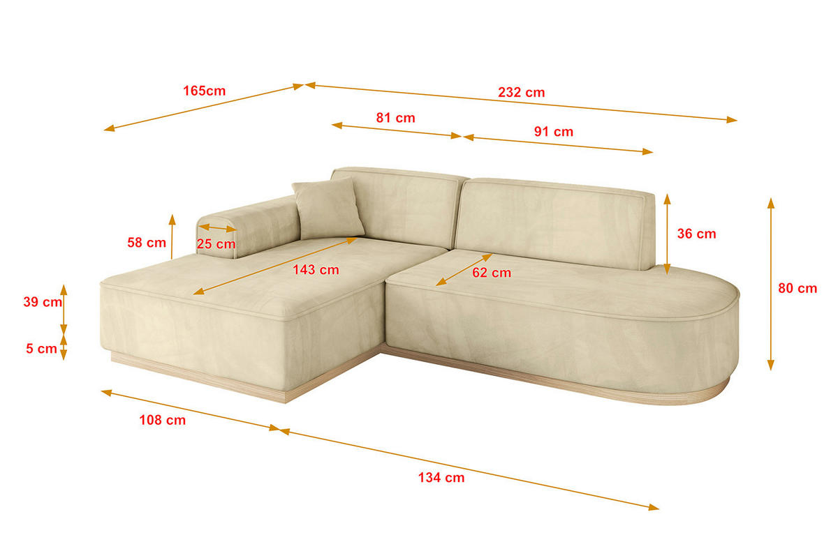 ECKSOFA Ottomane Links IREA-L1 - 232x165x80 cm Beige - Taupe, Holzwerkstoff/Textil (232/165cm) - ALTDECOR