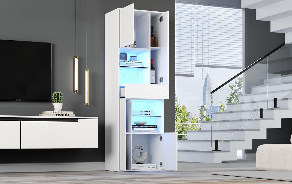 VITRINE aus Spanplatte 55x38x170 cm Weiß mit LED-Beleuchtung, Hochglanzfront, 1 Schublade und 11 Ablagebereichen - Weiß, Holzwerkstoff (55/170/38cm) - Modfu