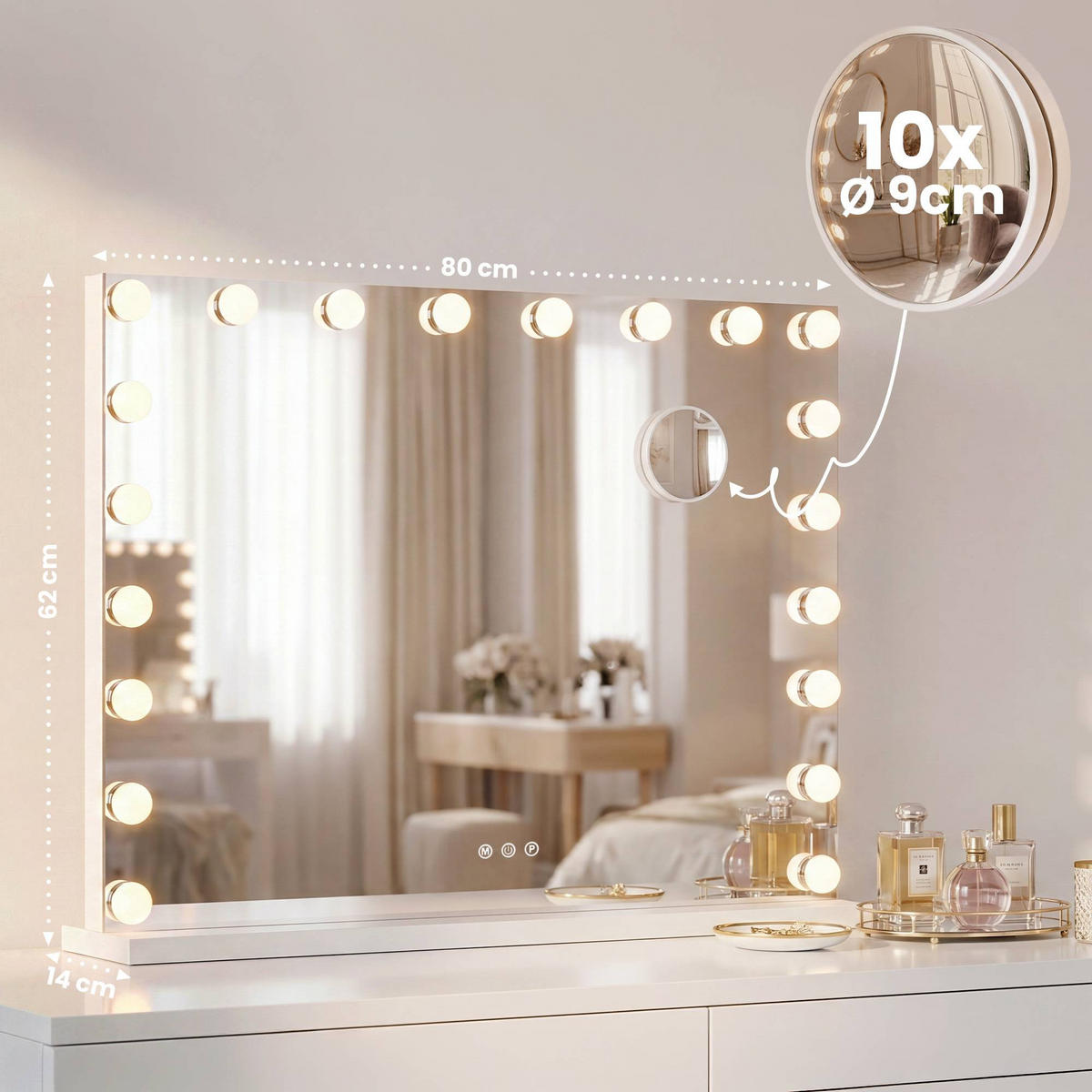 SCHMINKSPIEGEL Dora Licht Bluetooth 80x14x62cm Metall Weiß Hollywood - Weiß, Metall (80/62/14cm) - DELUKE