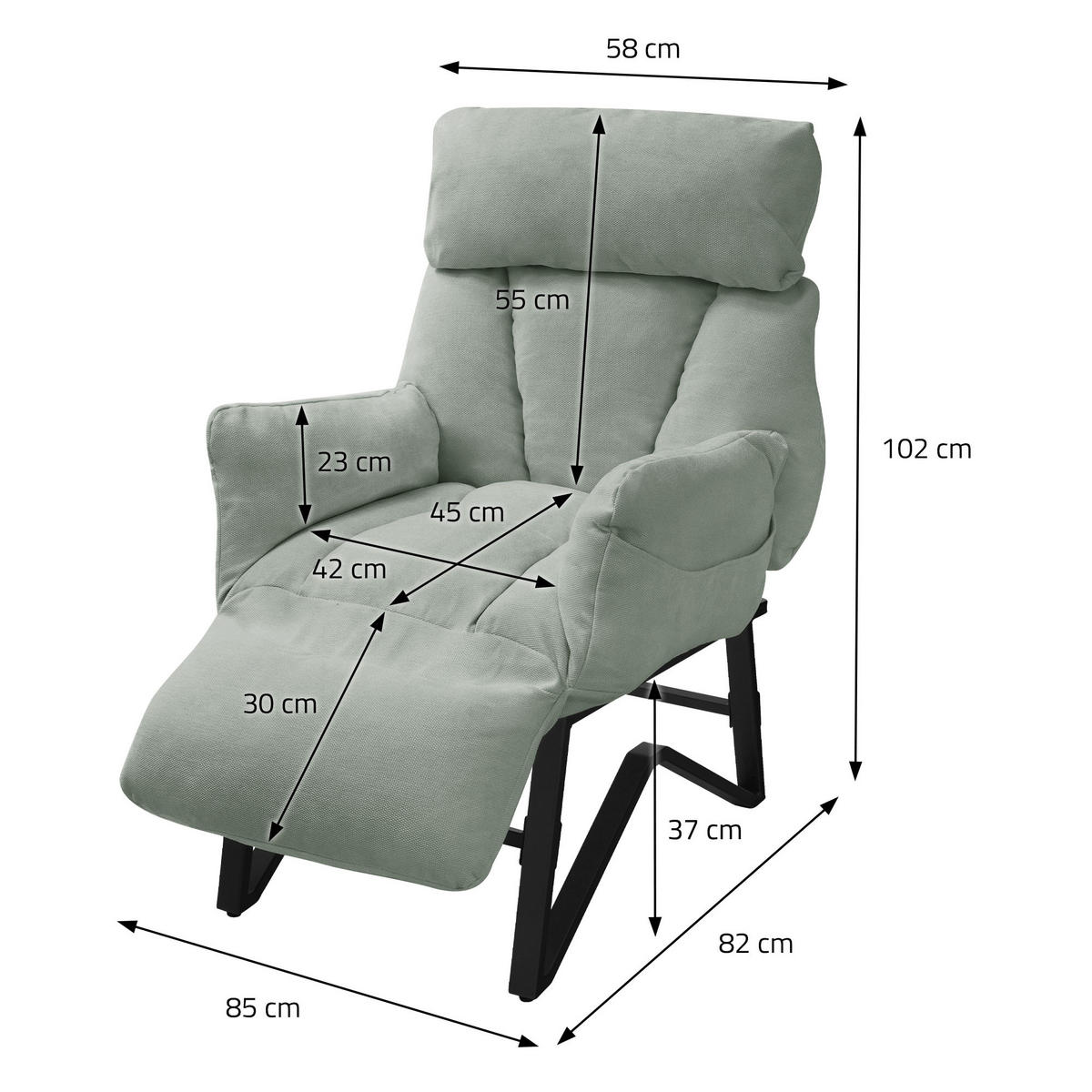 RELAXSESSEL Grau-Grün Leinenbezug verstellbar mit Armlehnen und Fußablage - Schwarz/Hellgrün, Textil/Metall (85/102/82cm) - ML-DESIGN