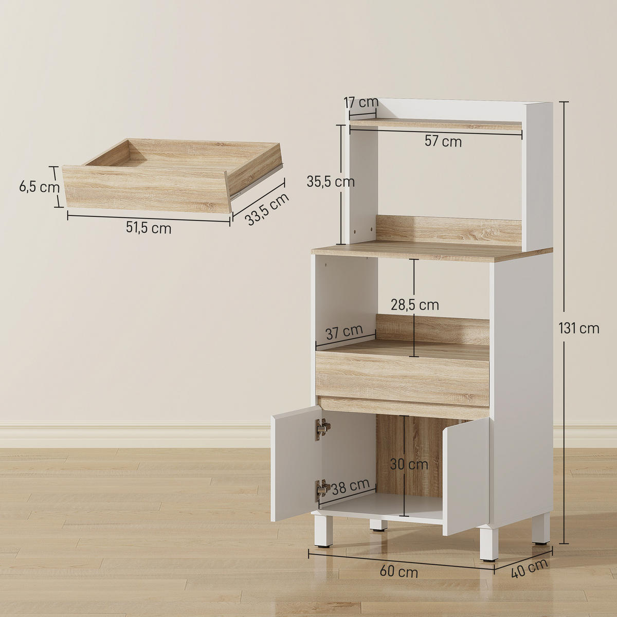 MIKROWELLENUNTERSCHRANK DE-11229 Mit Schublade Eiche/Weiß - Weiß, Holzwerkstoff (40/131/60cm) - ComfortXL