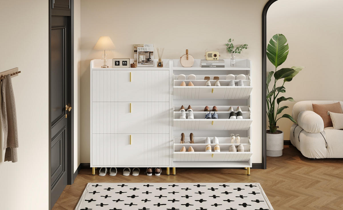 SCHUHSCHRANK 80/23/123,5 cm mit 3 Klappen, verstellbaren Einlegeböden und Ablagefach aus MDF, Weiß - Weiß, Holzwerkstoff (80/124/23cm) - Redom