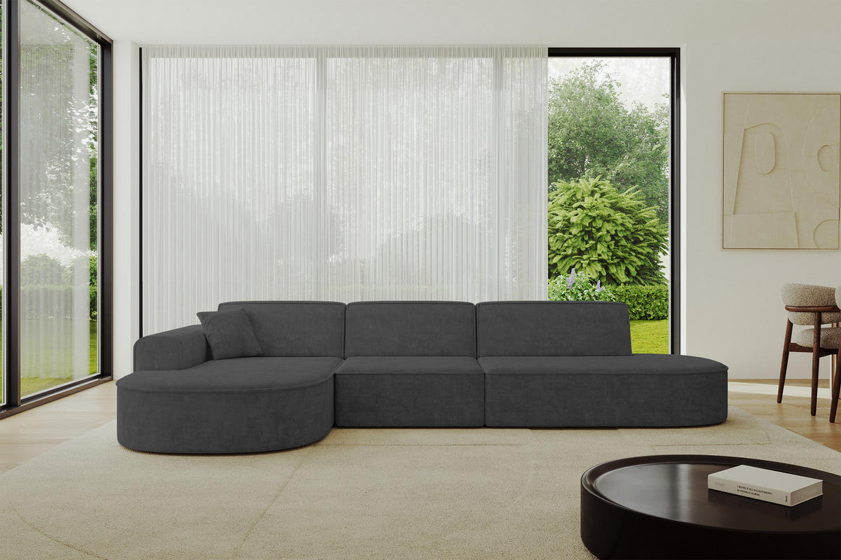 ECKSOFA Ottomane Links MARI-L2 - 328x171x79 cm Dunkelgrau Velours - Dunkelgrau/Schwarz, Holzwerkstoff/Kunststoff (328/171cm) - ALTDECOR