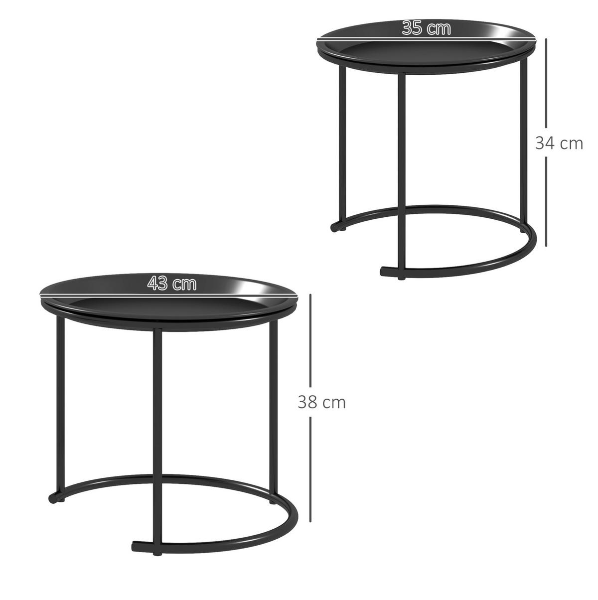 BEISTELLTISCH-SET 43/43/35 x 38/38/34 cm mit abnehmbaren Tabletts und stapelbarer Funktion, Schwarz - Schwarz, Metall (43/43/38cm) - Redom