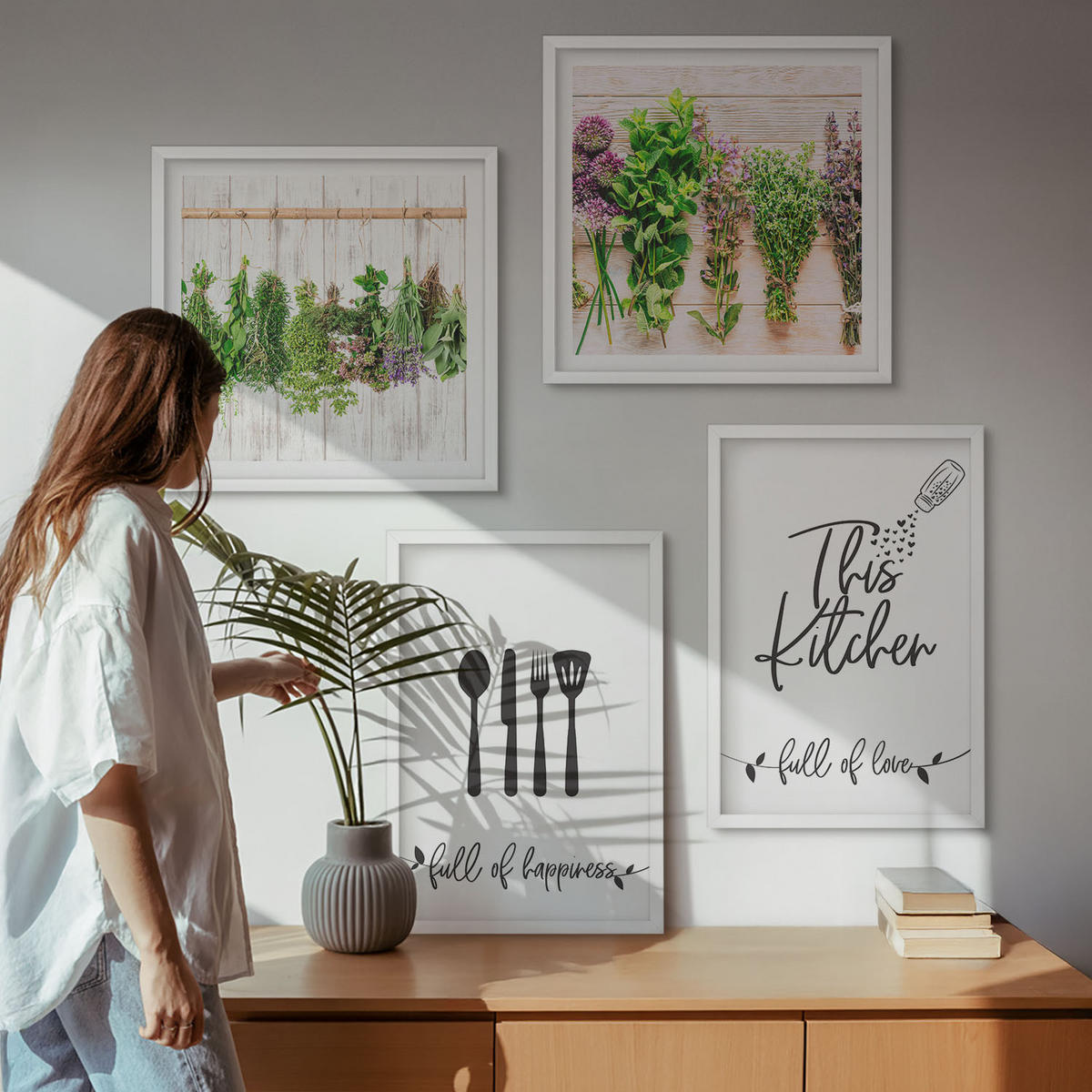WANDBILDER 4er-Set - 50x50 cm & 40x60 cm Weißer Rahmen - Küchenkräuterpflanzen Beschriftungen - Weiß, Kunststoff (50/50cm) - ArtPrintCave