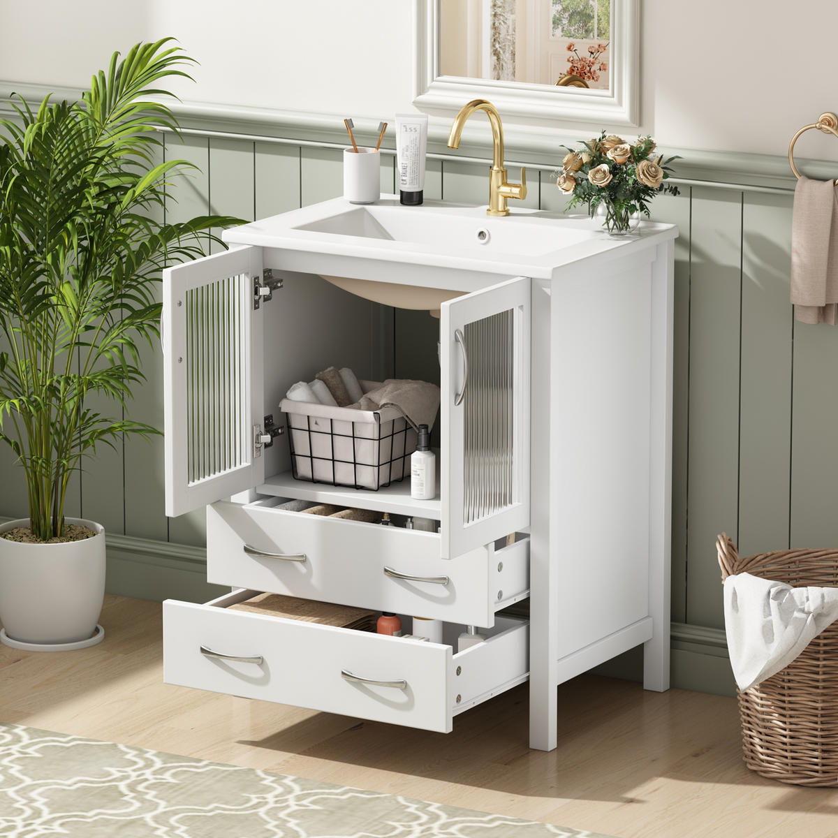 BADEZIMMERSCHRANK Hochglanz Weiß Keramik Waschbecken Glas Türen 61cm - Weiß, Keramik (61/86/47cm) - FLIEKS