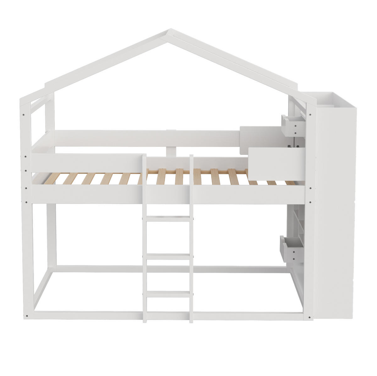ETAGENBETT aus Kiefernholz 90x200 cm Weiß mit Stauraum, Sicherheitsgeländer und multifunktionalem Unterbett - Weiß, Holzwerkstoff (90/200cm) - Modfu