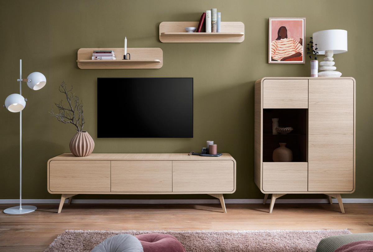 WOHNWAND Eiche natur 4-teilig 290 cm, Wohnkombination mit Push-to-Open - Eichefarben, Glas/Holz (290/170/39cm) - Furn.Design