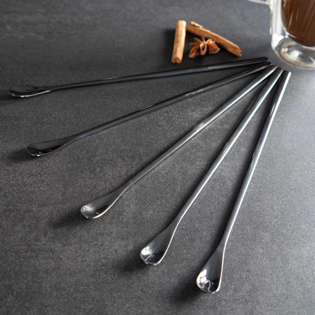 LATTE MACCHIATO LÖFFEL 22 cm Länge (6er Set) - Schwarz, Metall - Intirilife