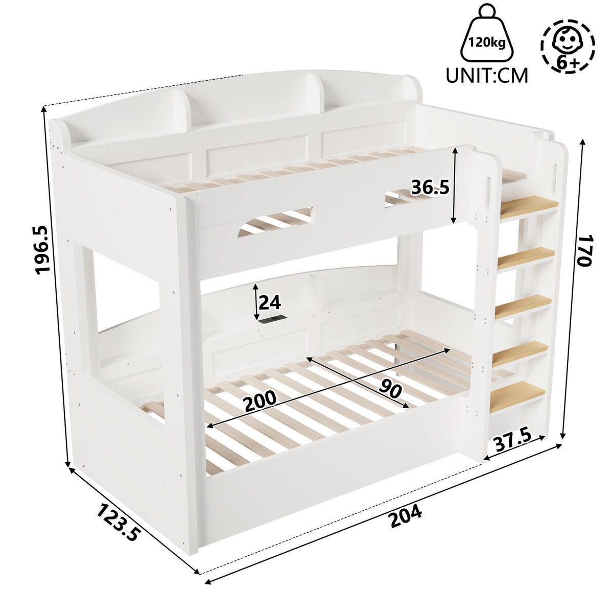 ETAGENBETT 90x200 cm in Weiß mit USB-Steckdose und Ablageflächen - Weiß, Holz (90/200cm) - IVMEU
