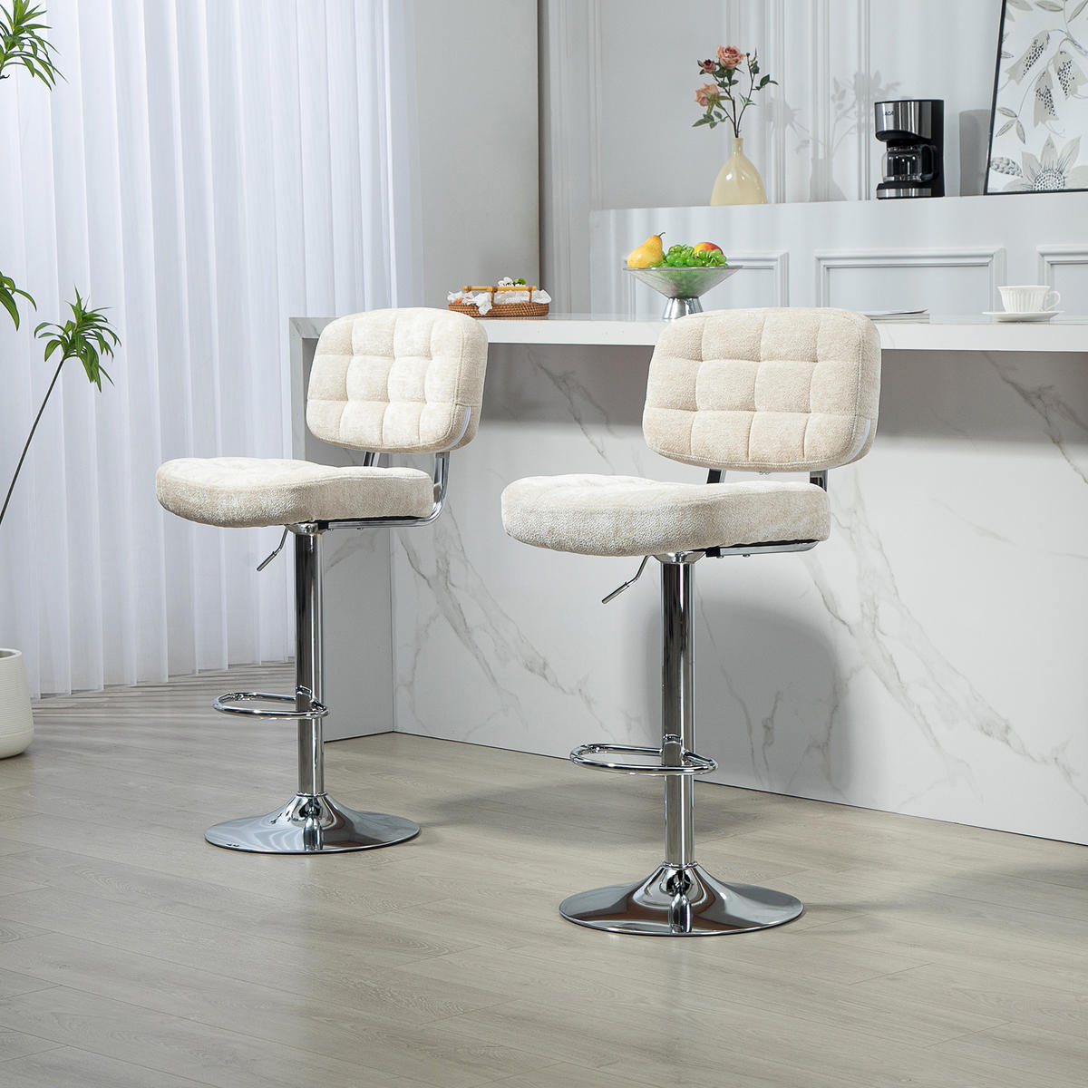 BARHOCKER 2er-Set DE-14756 höhenverstellbar mit Boucle-Stoff & Fußstütze Beige - Beige, Metall (45/115/51cm) - ComfortXL
