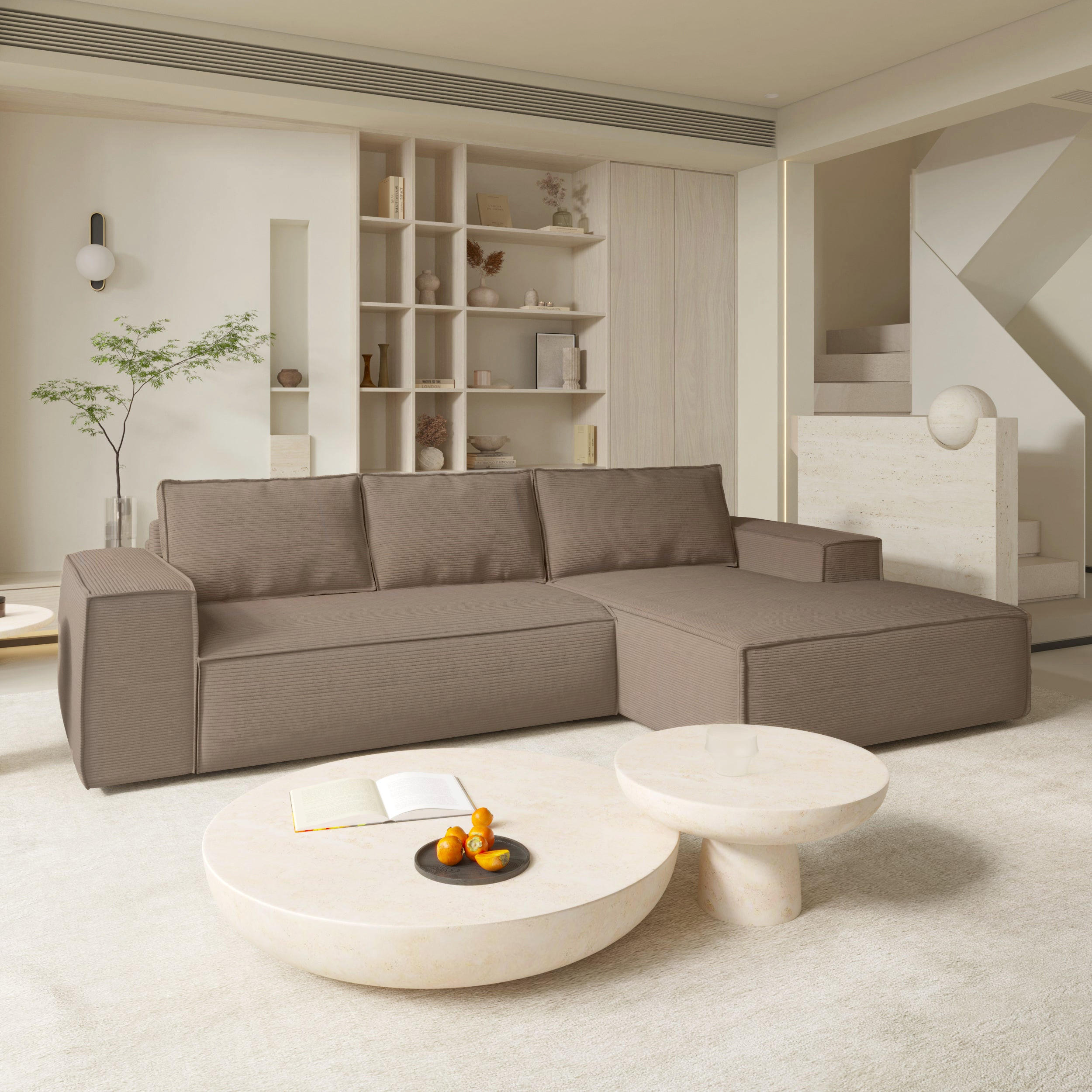 ECKSOFA RECHTS Gerippter Samt Taupe 302cm - Taupe, Textil (302/165cm) - Sia Home