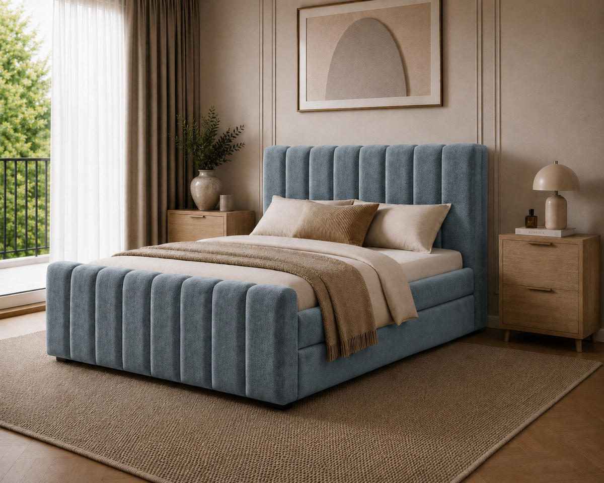 BOXBETT 01 BIS 160 x 200 cm - Vibe - Modernes Polsterbett mit Bettkasten inkl. PU-Schaum-Topper und Federmechanismus - Blau, Holz (160/200cm) - ROYAL24_MARKT